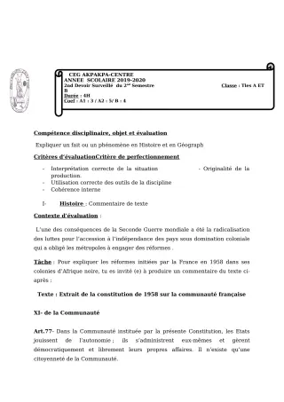 Première page de Histoire-Géographie Tle A1, Tle A2, Tle B — 2e devoir surveillé, 2e semestre (2019-2020) · CEG 1 Akpakpa-Centre