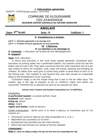 Première page de Anglais 6e, 5e, 4e, 4e ML, 4e ML&MC, 3e, 3e ML — 2e devoir surveillé, 2e semestre (2019-2020) · CEG AYAHOHOUE