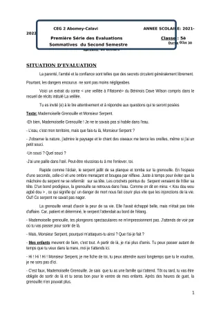 Première page de Français 5e — 1re évaluation sommative, 2e semestre (2021-2022) · CEG2 ABOMEY - CALAVI (CEG ZOCA)