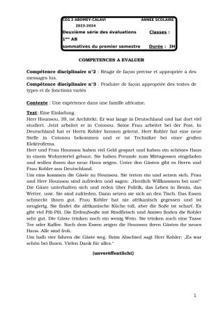 Première page de Allemand 1ère B — 2e évaluation sommative, 1er semestre (2023-2024) · CEG2 ABOMEY - CALAVI (CEG ZOCA)