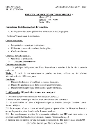 Première page de Histoire-Géographie 1ère D — 1er devoir surveillé, 2e semestre (2019-2020) · CEG Attogon