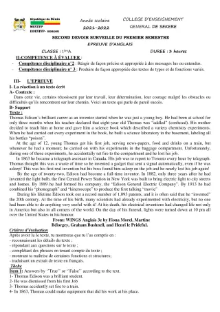 Première page de Anglais 1ère A2 — 2e devoir surveillé, 1er semestre (2021-2022) · CEG SEKERE