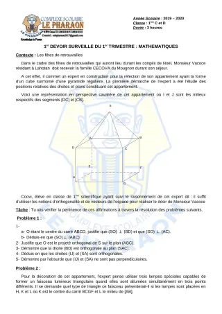Première page de Mathématiques 1ère C, 1ère D — 1er devoir surveillé, 1er trimestre (2019-2020) · CPEG LE PHARAON