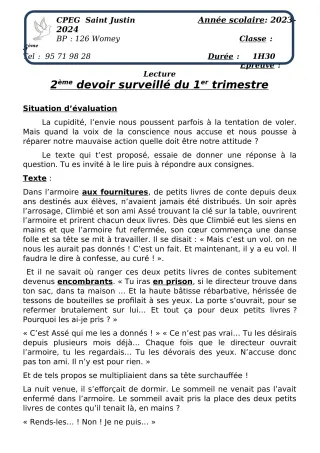 Première page de Français 5e, 4e — 2e devoir surveillé, 1er trimestre (2023-2024) · CPEG SAINT Justin