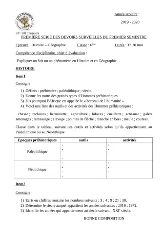 Première page de Histoire-Géographie 6e — 1er devoir surveillé, 1er semestre (2019-2020) · CEG2 TANGUIETA