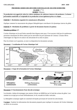 Première page de SVT 1ère D — 1er devoir surveillé, 2e semestre (2019-2020) · CEG1 Kalalé