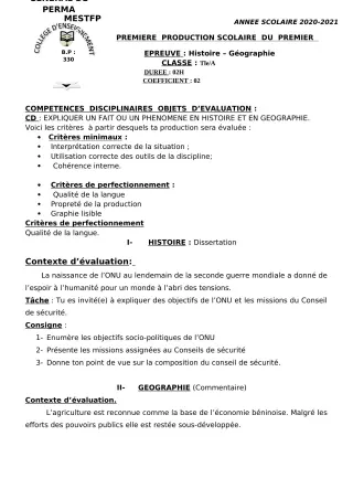 Première page de Histoire-Géographie 6e, 5e, 4e, 3e, 2nde A, 2nde D, 1ère A, 1ère D, Tle A, Tle A1, Tle D — 1re production scolaire, 1er semestre (2020-2021) · CEG Perma