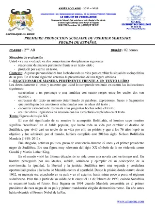 Première page de Espagnol 4e, 3e, 2nde A1, 2nde A2, 2nde B, 1ère A1, 1ère A2, 1ère B, Tle A1, Tle A2, Tle B — 1re production scolaire, 1er semestre (2022-2023) · CPEG le Creuset de l'Excellence
