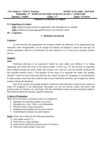 Première page de Anglais 4e, 4e ML — 2e devoir surveillé, 1er semestre (2018-2019) · CEG Hubert C. MAGA