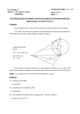 Première page de Mathématiques 4e — 2e production scolaire, 1er semestre (2019-2020) · CEG SEGBEYA