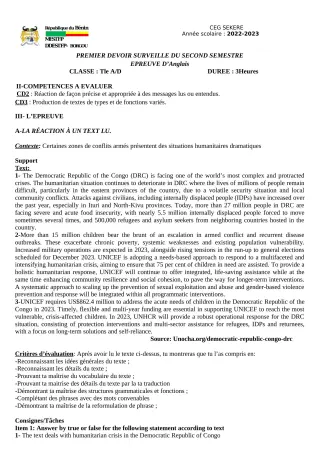 Première page de Anglais Tle A2, Tle D — 1er devoir surveillé, 2e semestre (2022-2023) · CEG SEKERE