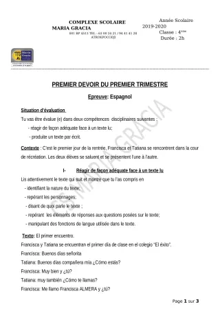 Première page de Espagnol 4e — 1er devoir surveillé, 1er trimestre (2019-2020) · CPEG MARIA GRACIA