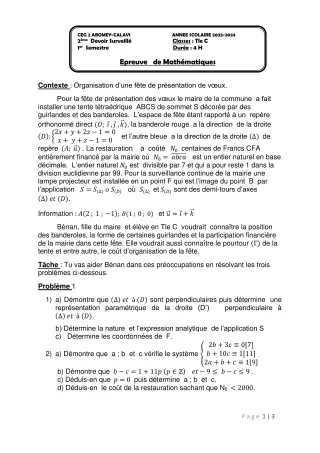 Première page de Mathématiques Tle C — 2e devoir surveillé, 1er semestre (2023-2024) · CEG2 ABOMEY - CALAVI (CEG ZOCA)