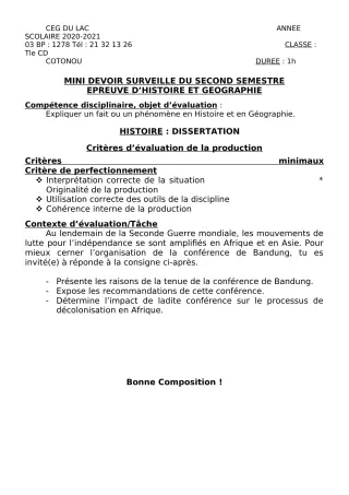 Première page de Histoire-Géographie Tle C, Tle D — 1er devoir surveillé, 2e semestre (2020-2021) · CEG du Lac