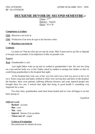 Première page de Anglais 5e — 2e devoir surveillé, 2e semestre (2019-2020) · CEG Attogon