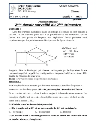 Première page de Mathématiques 5e — 2e devoir surveillé, 2e trimestre (2023-2024) · CPEG SAINT Justin