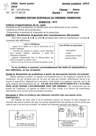 Première page de SVT 5e, 4e — 1er devoir surveillé, 1er trimestre (2023-2024) · CPEG SAINT Justin