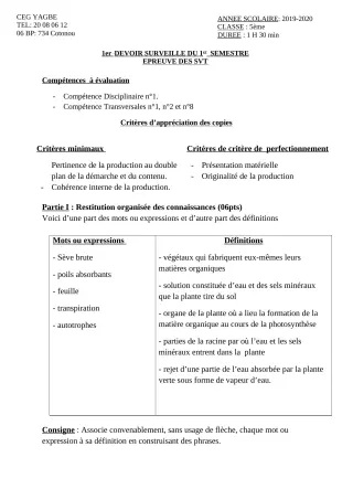Première page de SVT 5e — 1er devoir surveillé, 1er semestre (2019-2020) · CEG Yagbe