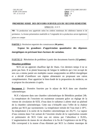 Première page de SVT 1ère C — 1er devoir surveillé, 2e semestre (2020-2021) · CEG du Lac