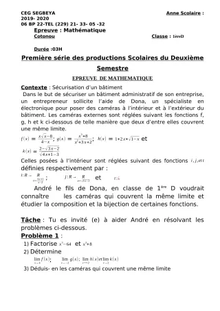 Première page de Mathématiques 1ère D — 1re production scolaire, 2e semestre (2019-2020) · CEG SEGBEYA