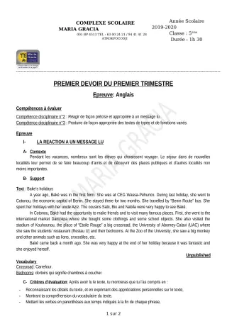 Première page de Anglais 5e — 1er devoir surveillé, 1er trimestre (2019-2020) · CPEG MARIA GRACIA