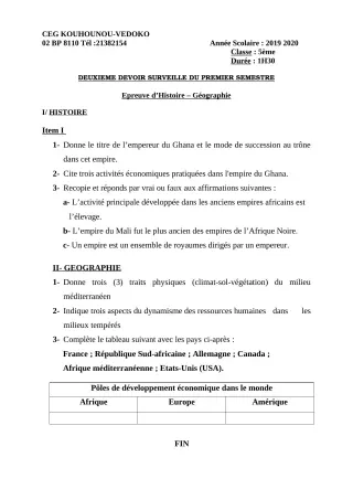 Première page de Histoire-Géographie 5e — 2e devoir surveillé, 1er semestre (2019-2020) · CEG Kouhounou-Vêdoko