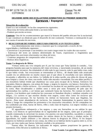 Première page de Espagnol Tle A2, Tle B — 2e évaluation sommative, 1er semestre (2020-2021) · CEG du Lac