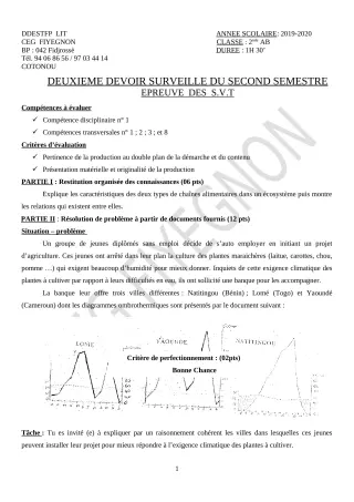 Première page de SVT 2nde A2, 2nde B — 2e devoir surveillé, 2e semestre (2019-2020) · CEG FIYEGNON