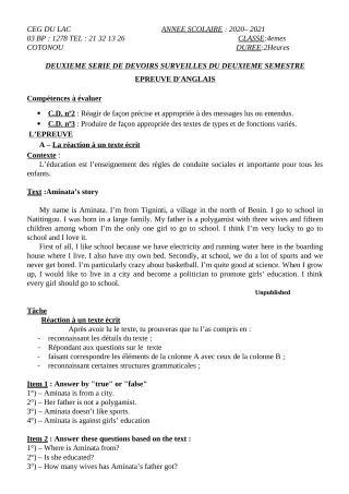 Première page de Anglais 4e — 2e devoir surveillé, 2e semestre (2020-2021) · CEG du Lac