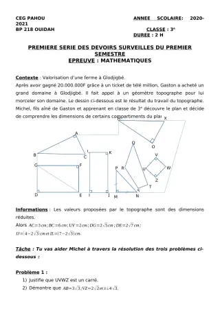 Première page de Mathématiques 3e, 3e ML — 1er devoir surveillé, 1er semestre (2020-2021) · CEG PAHOU