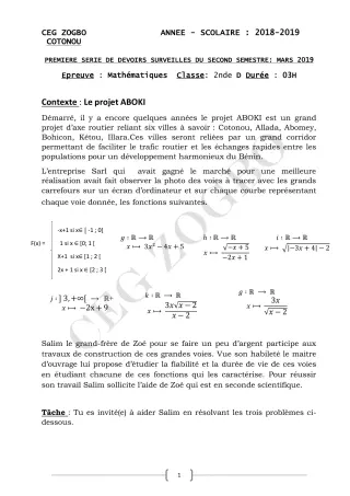 Première page de Mathématiques 2nde D — 1er devoir surveillé, 2e semestre (2018-2019) · CEG ZOGBO