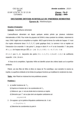 Première page de Mathématiques Tle D — 2e devoir surveillé, 1er semestre (2019-2020) · CEG du Lac