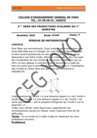 Première page de Mathématiques 3e, 3e ML — 1re production scolaire, 1er semestre (2018-2019) · CEG Yoko