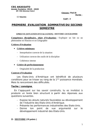 Première page de Histoire-Géographie Tle C, Tle D — 1re évaluation sommative, 2e semestre (2019-2020) · CEG Akassato