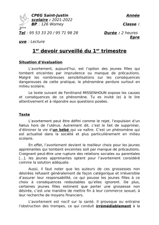 Première page de Français 3e — 1er devoir surveillé, 1er trimestre (2021-2022) · CPEG SAINT Justin