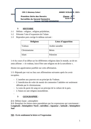 Première page de Histoire-Géographie 6e — 1er devoir surveillé, 2e semestre (2021-2022) · CEG2 ABOMEY - CALAVI (CEG ZOCA)