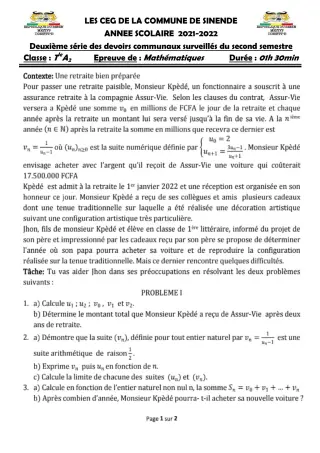 Première page de Mathématiques Tle A2 — 2e devoir surveillé, 2e semestre (2021-2022) · CEG SEKERE