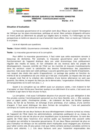 Première page de Français Tle A2, Tle D — 1er devoir surveillé, 1er semestre (2022-2023) · CEG SEKERE