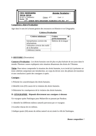 Première page de Histoire-Géographie 4e — 1er devoir surveillé (2018-2019) · CEG OKEDAMA