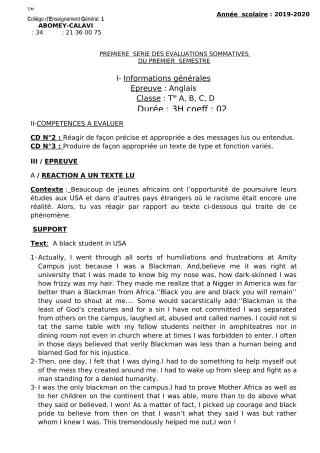Première page de Anglais Tle A1, Tle A2, Tle B, Tle C, Tle D — 1re évaluation sommative, 1er semestre (2019-2020) · CEG1 Abomey-Calavi