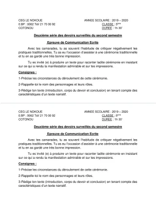 Première page de Français 5e — 2e devoir surveillé, 2e semestre (2019-2020) · CEG LE NOKOUE
