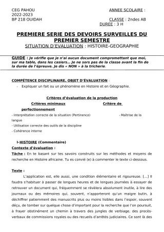 Première page de Histoire-Géographie 2nde A2, 2nde B — 1er devoir surveillé, 1er semestre (2022-2023) · CEG PAHOU