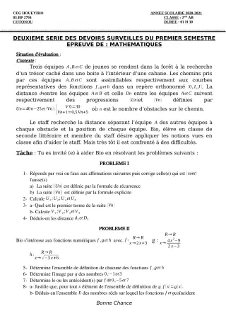 Première page de Mathématiques 2nde A1, 2nde A2, 2nde B — 2e devoir surveillé, 1er semestre (2020-2021) · CEG HOUEYIHO