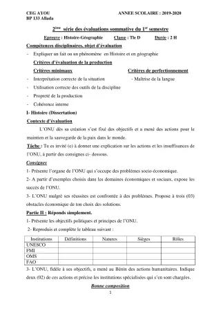 Première page de Histoire-Géographie Tle D — 2e évaluation sommative, 1er semestre (2019-2020) · CEG AYOU