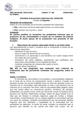 Première page de Espagnol 1ère B — 2019-2020 · CEG ADJOVICODJI 'LES OLIVIERS'