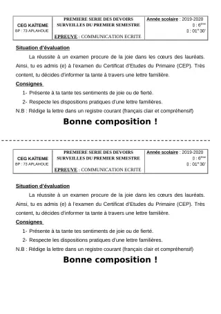 Première page de Français 6e, 4e, 4e ML, 3e, 3e ML, 2nde D, 1ère D, Tle D — 1er devoir surveillé, 1er semestre (2019-2020) · CEG Kaïtèmè