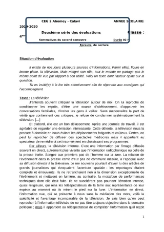 Première page de Français 4e, 4e ML — 2e évaluation sommative, 2e semestre (2019-2020) · CEG2 ABOMEY - CALAVI (CEG ZOCA)