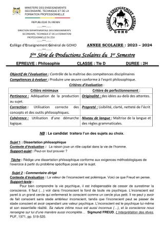 Première page de Philosophie Tle D — 1re production scolaire, 1er semestre (2023-2024) · CEG GOHO