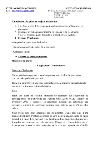 Première page de Histoire-Géographie 2nde A & B, 2nde D, 1ère A & B, 1ère D, Tle A & B, Tle D — Devoir surveillé, 2e semestre (2019-2020) · Lycée Houegbadja d'Abomey (Ex Mafory Bangoura)