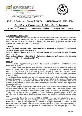 Première page de Français 1ère D — 2e production scolaire, 1er semestre (2023-2024) · CEG GOHO